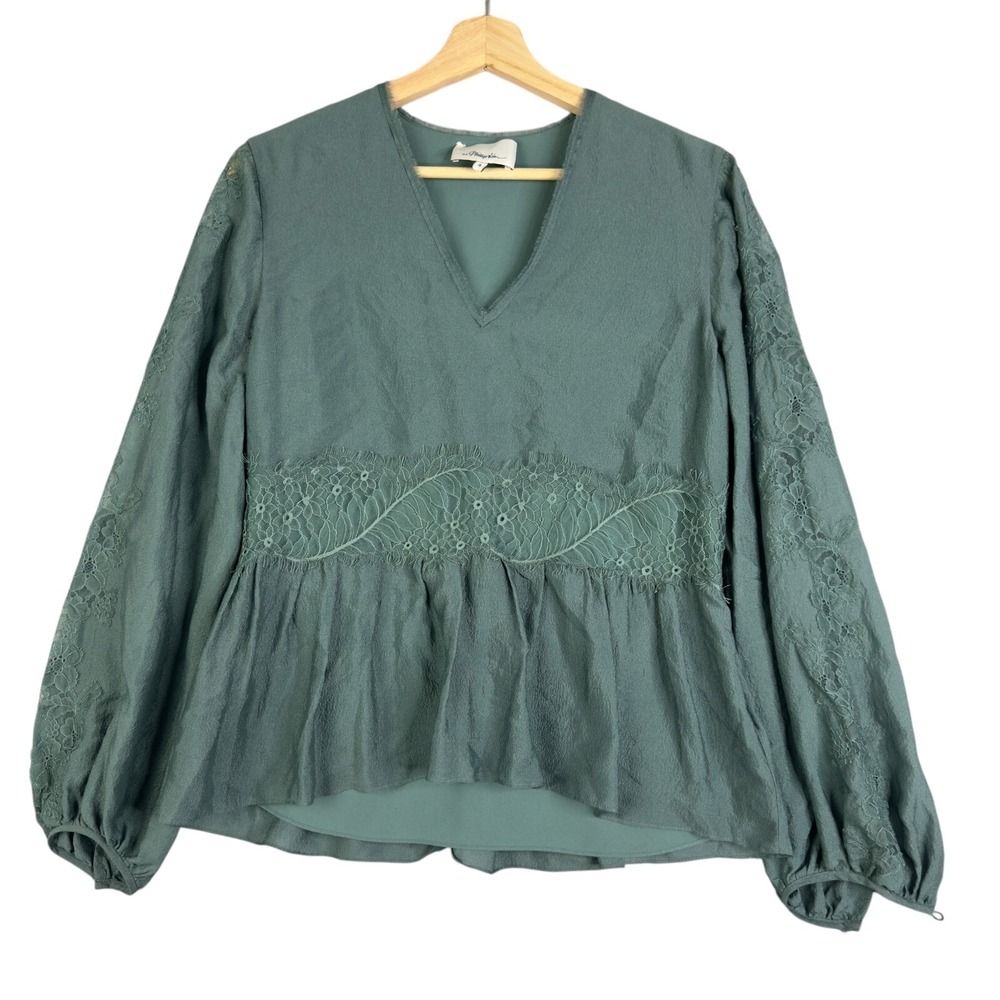 Phillip Lim V-neck Long sleeve 100% Silk Lace Green‎ Blouse Women's Size 4 Top